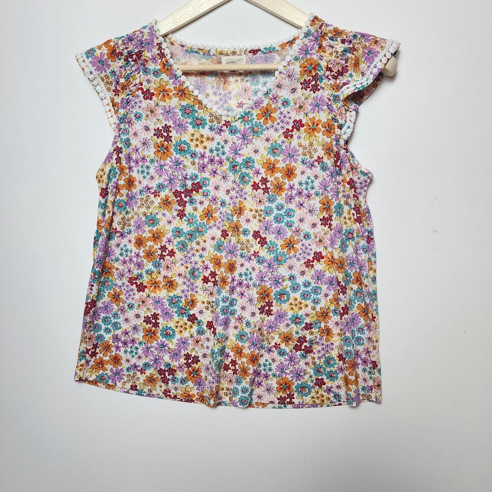 Greige Floral Print Pom Pom Lace Trim Flutter Sleeve V-Neck Blouse Medium M